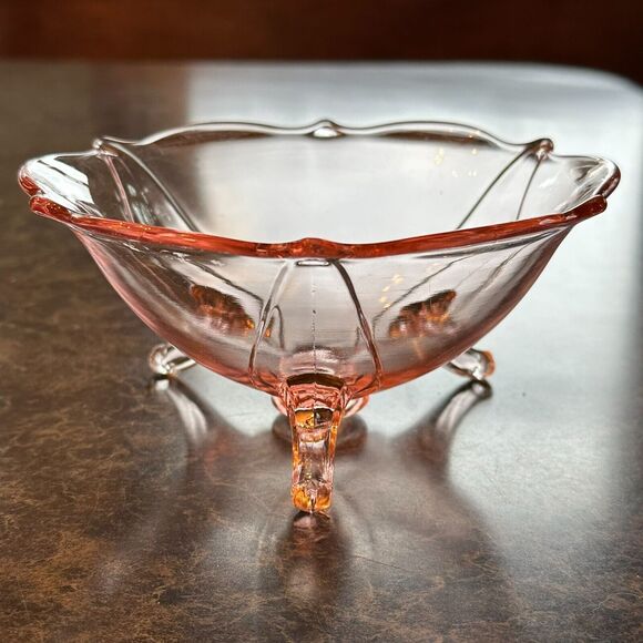 Rare Vintage Pink Depression Lancaster Jubilee 3 Footed bowl 3"H x 6.25”W - Picture 4 of 6